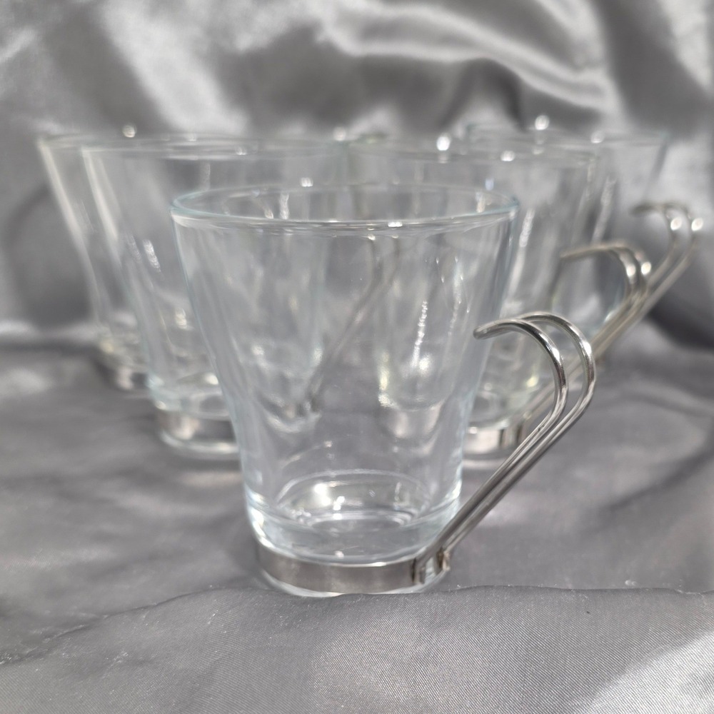 Bormioli Rocco Ypsilon Espresso Cups Set of 6 Glass with Metal Handles Italy